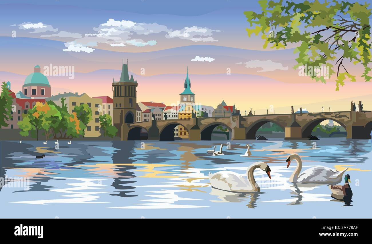 Bunte vectorIllustration Stadtbild von der Karlsbrücke und Schwänen in Moldau in Prag. Wahrzeichen von Prag, tschechische Republik. Bunte Vektor illus Stock Vektor