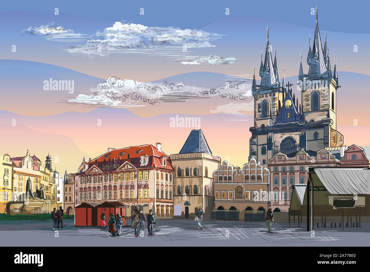 Bunte Vektor hand Zeichnung Abbildung. Stadtbild der Altstadt und die Teynkirche. Wahrzeichen von Prag, tschechische Republik. Vector Illustration von La Stock Vektor
