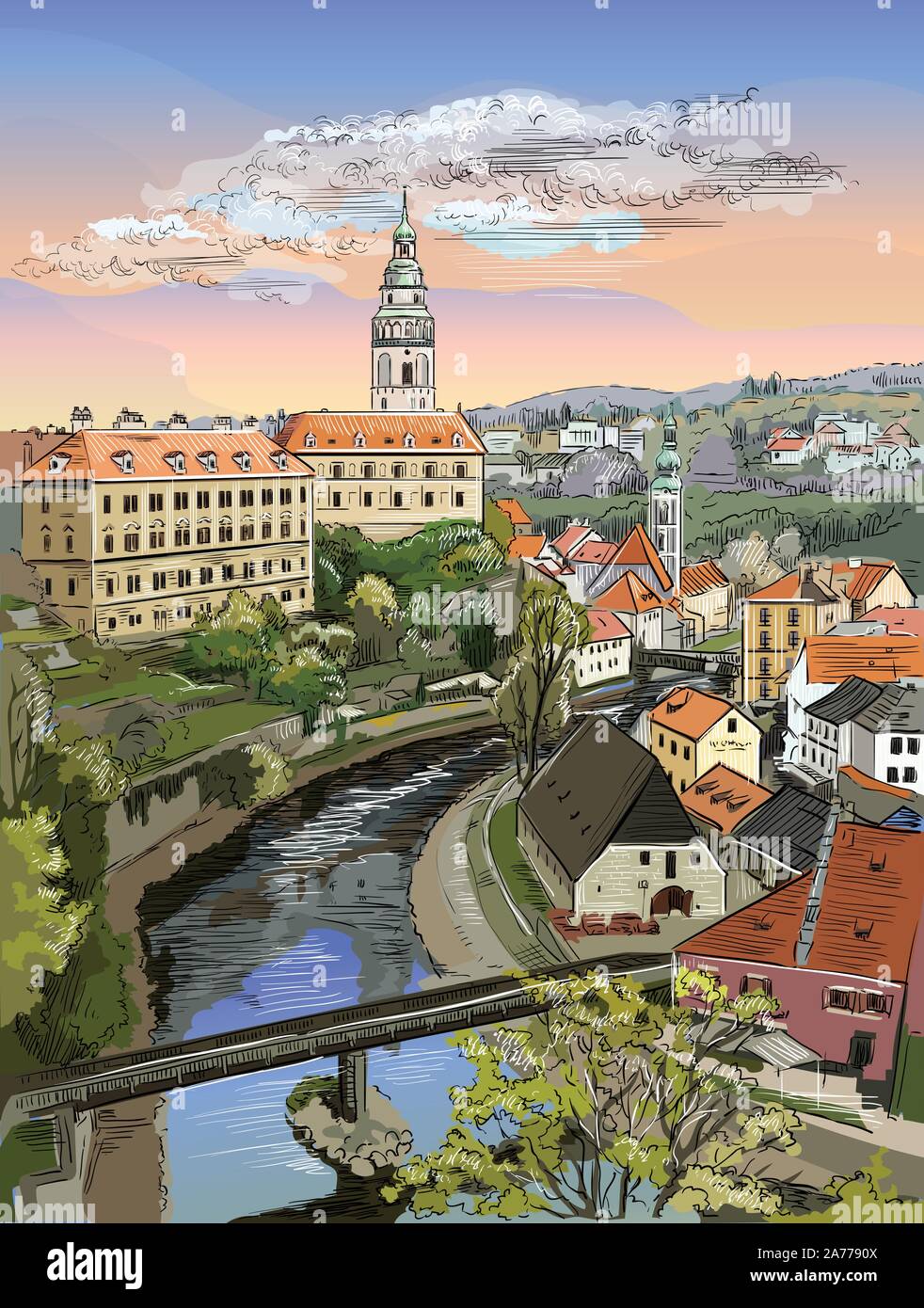 Bunte Vektor hand Zeichnung Abbildung: Panoramablick auf das Stadtbild von Cesky Krumlov. Luftaufnahme auf Dächern, das Schloss und den Fluss. Wahrzeichen der Tschechischen Republik. Stock Vektor