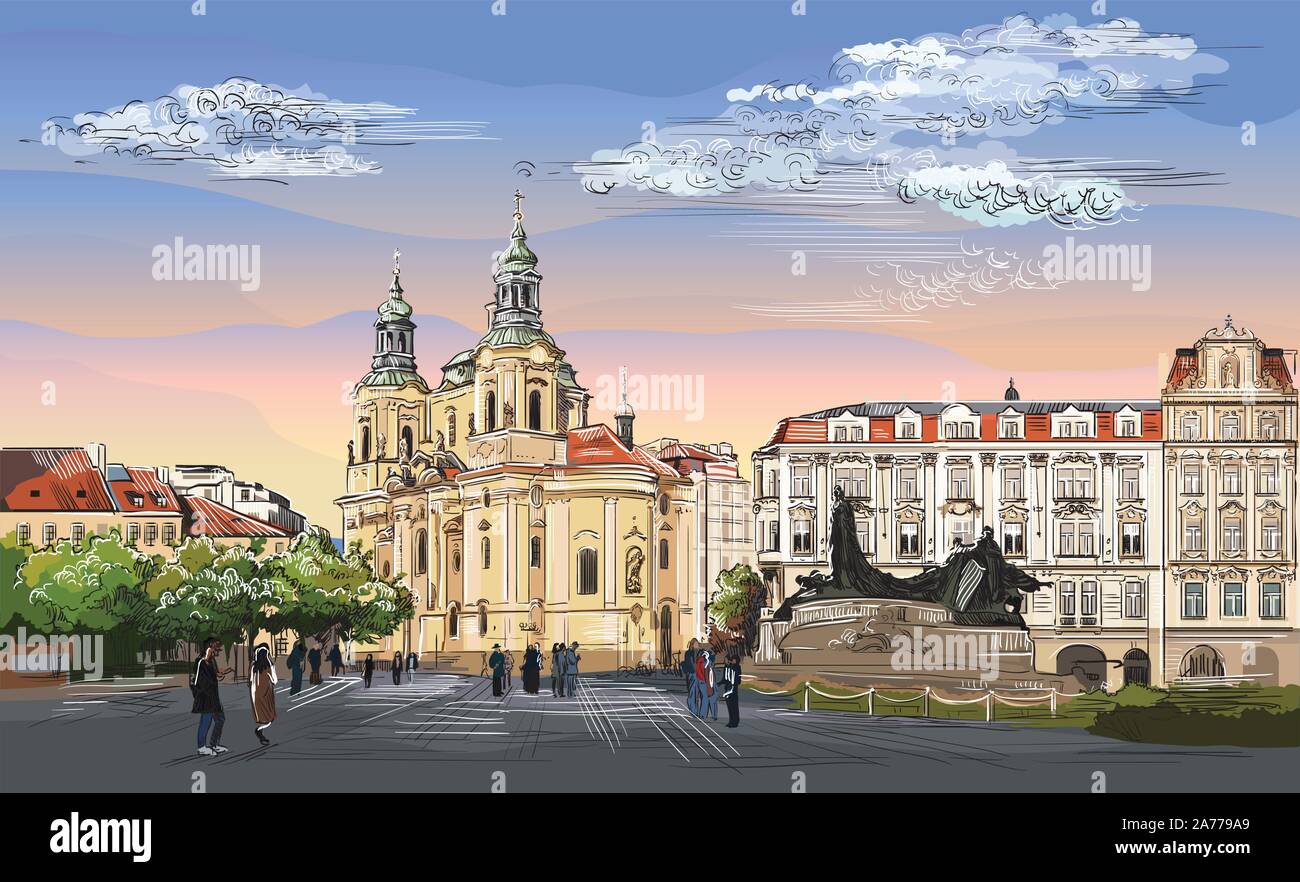 Bunte Vektor hand Zeichnung Abbildung. Stadtbild von St. Nicholas Kirche und Jan Hus Denkmal. Wahrzeichen von Prag, tschechische Republik. Bunte Vektor Stock Vektor