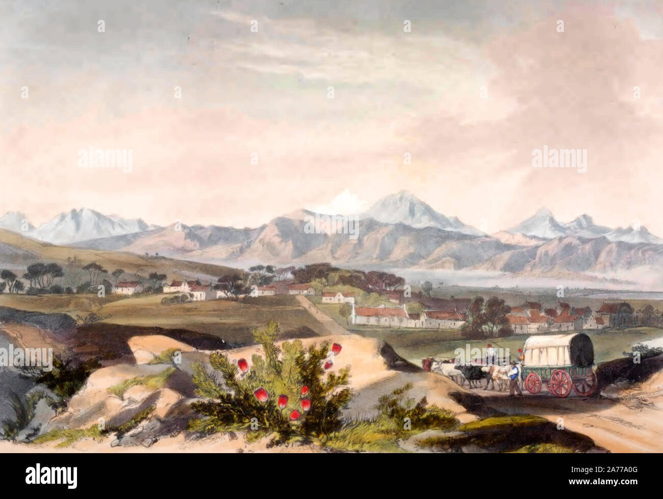 Hottentot Holland, mit Sir Lowry's Pass, und das Dorf Somerset-West, Südafrika, ca. 1849 Stockfoto
