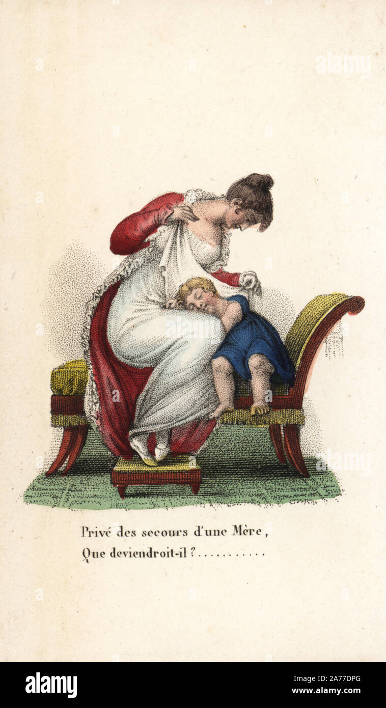 Mutter mit Kind auf dem Schoß schlafen auf einer Chaiselongue. Papierkörbe Kupferstich von Augustin Legrand's Amour Et Tendresse (Liebe und Zärtlichkeit), Louis Janet, Paris, 1820. Stockfoto