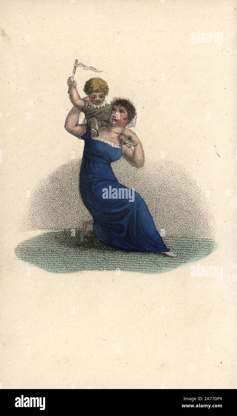 Mutter spielt der Fliegende Engel Spiel mit einem Baby. Papierkörbe Kupferstich von Augustin Legrand's Amour Et Tendresse (Liebe und Zärtlichkeit), Louis Janet, Paris, 1820. Stockfoto