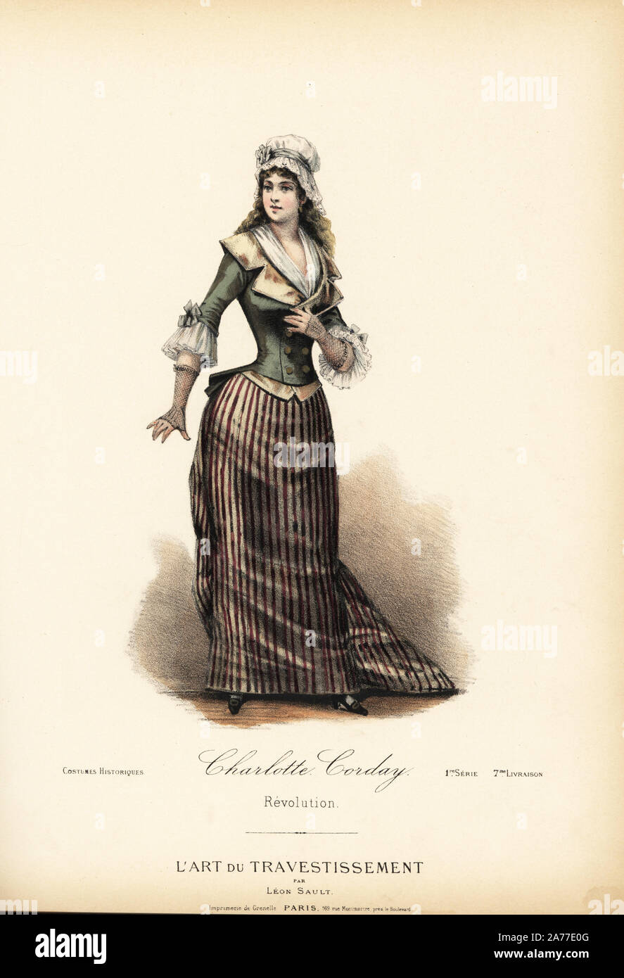 Kostüm von Charlotte Corday, französische revolutionäre Ära. Assassin von Jean-Paul Marat. Papierkörbe Lithographie von A.E. nach einem Entwurf von Leo Sault von 'L'Art du Travestissement" (Die Kunst des Fancy Dress), Paris, c 1880. Sault war ein Theater und Oper designer und Luxus Mode Magazin Verlag. Stockfoto