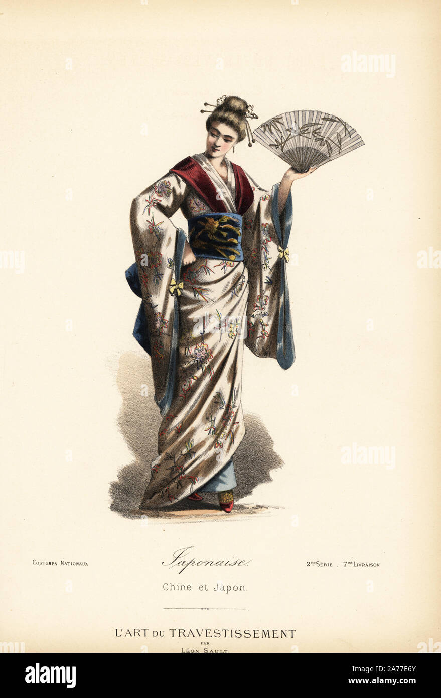 Kostüm einer japanischen Frau im Kimono mit Obi, 19. Papierkörbe Lithografie nach einem Entwurf von Leon Sault von 'L'Art du Travestissement" (Die Kunst des Fancy Dress), Paris, c 1880. Sault war ein Theater und Oper designer und Luxus Mode Magazin Verlag. Stockfoto