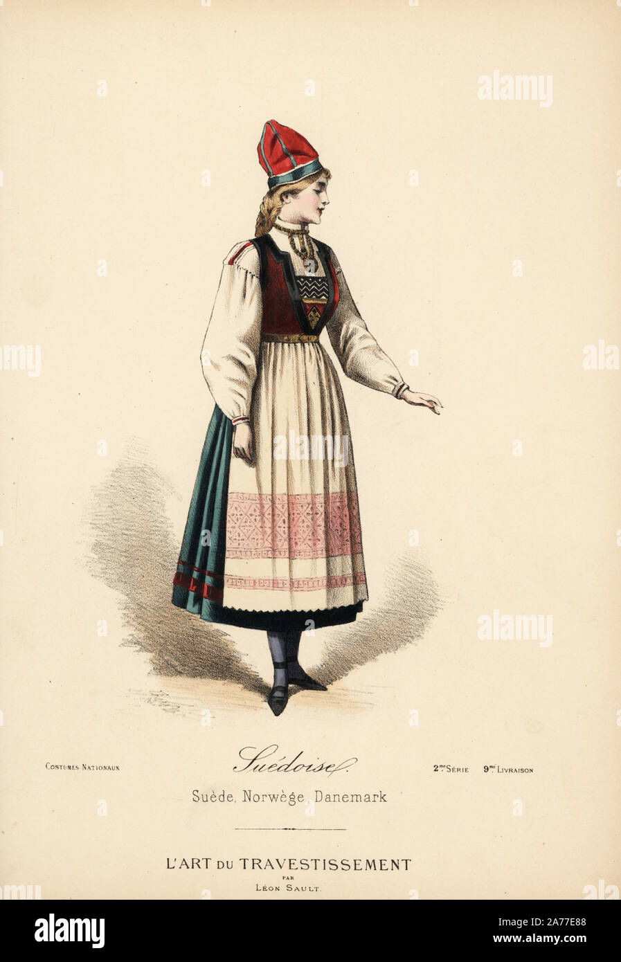 Kostüm von einer schwedischen Frau, 19. Jahrhundert. Papierkörbe Lithografie nach einem Entwurf von Leon Sault von 'L'Art du Travestissement" (Die Kunst des Fancy Dress), Paris, c 1880. Sault war ein Theater und Oper designer und Luxus Mode Magazin Verlag. Stockfoto