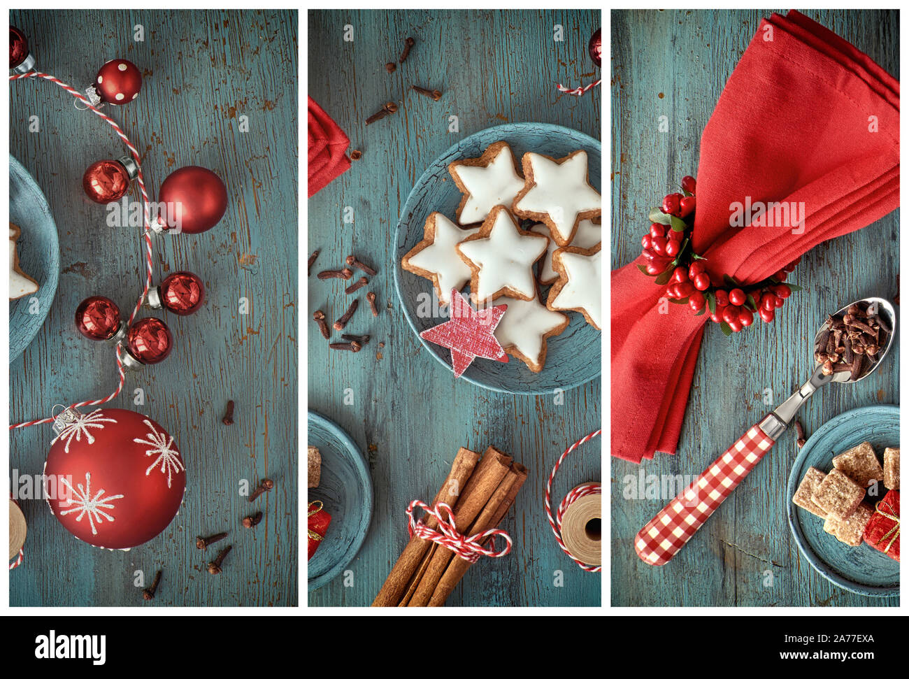 Collage von drei Weihnachten Hintergrund Bilder in Rot und Weiß auf rustikalen türkis Holz. Ansicht von oben auf die Weihnachtsplätzchen, Gewürze und Dekorationen. Stockfoto