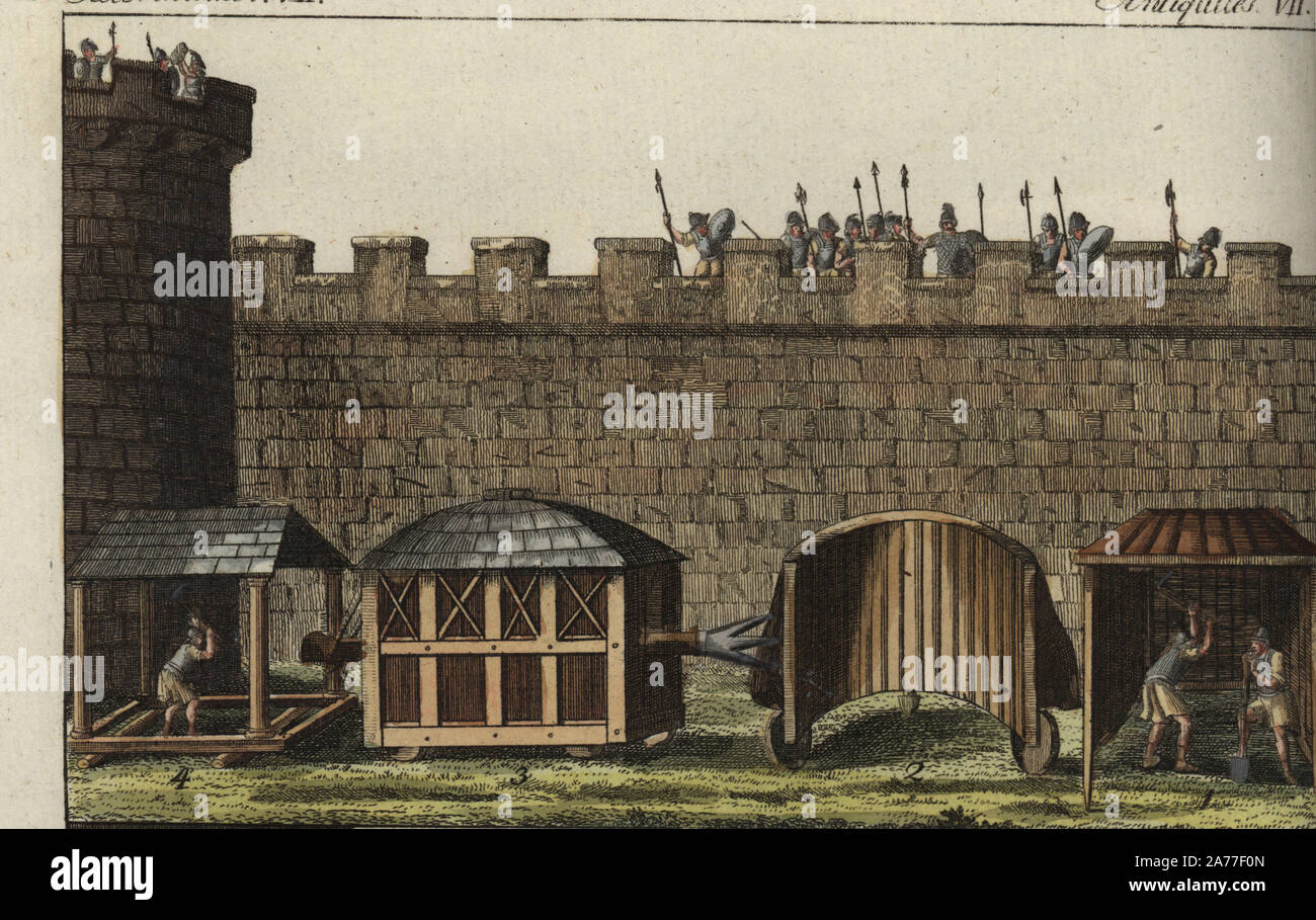 Römischen Belagerung Motoren: Unterschlupf für sappers Graben eines Tunnels, Vineae 1, halbrunden Tierheim Pluteus 2, Tierheim Testudo mit Rammbock Widder 3, Schutz des rollenden Zylindern Musculus 4. Papierkörbe Kupferstich von Johann Friedrich Bertuch's Bilderbuch pelz Kinder (Bilderbuch für Kinder), Weimar, 1795. Stockfoto