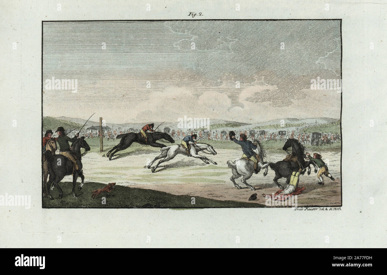 German Horse-racing Szene, 18. Jockeys mit Peitschen auf rassigen Pferden Rennen vor einer Masse von Zuschauern und Kutschen. Papierkörbe Kupferstich nach Friedrich Kaiser von Johann Friedrich Bertuch's Bilderbuch pelz Kinder (Bilderbuch für Kinder), Weimar, 1802. Stockfoto