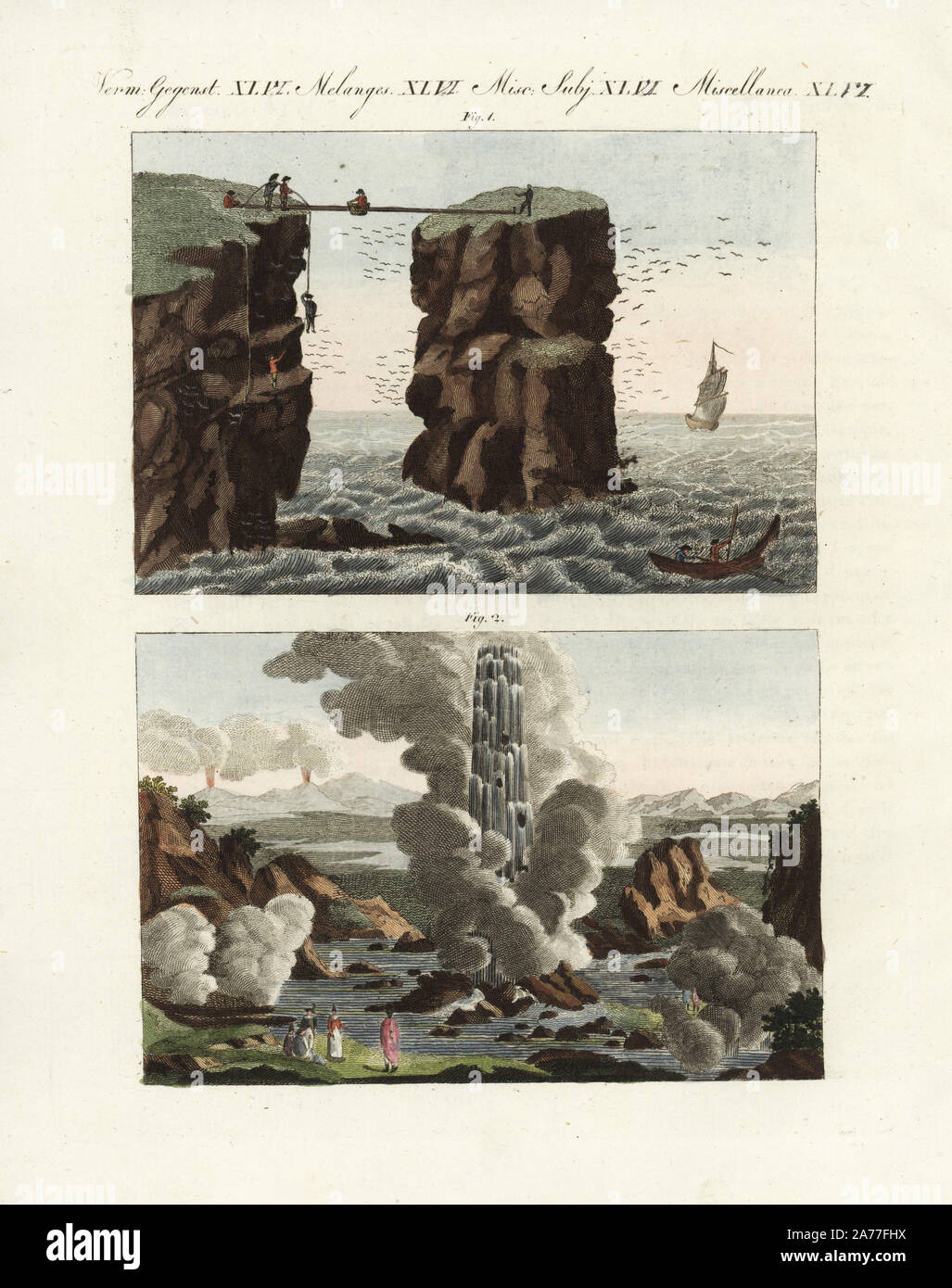 Vogel und ei Jäger nach unten abseilen Klippen in der Orkney Inseln 1, und Geysire herausspritzen und den Vulkan Hekla ausbrechenden in Island. Papierkörbe Kupferstich von Johann Friedrich Bertuch's Bilderbuch pelz Kinder (Bilderbuch für Kinder), Weimar, 1802. Stockfoto