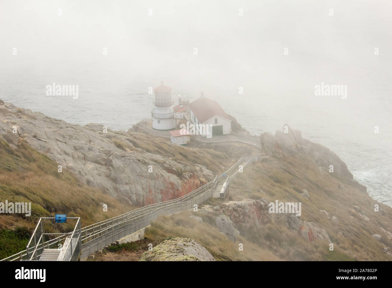 Anzeigen von Point Reyes Lighthouse abgedeckt bei Nebel, Marin County, Kalifornien Stockfoto