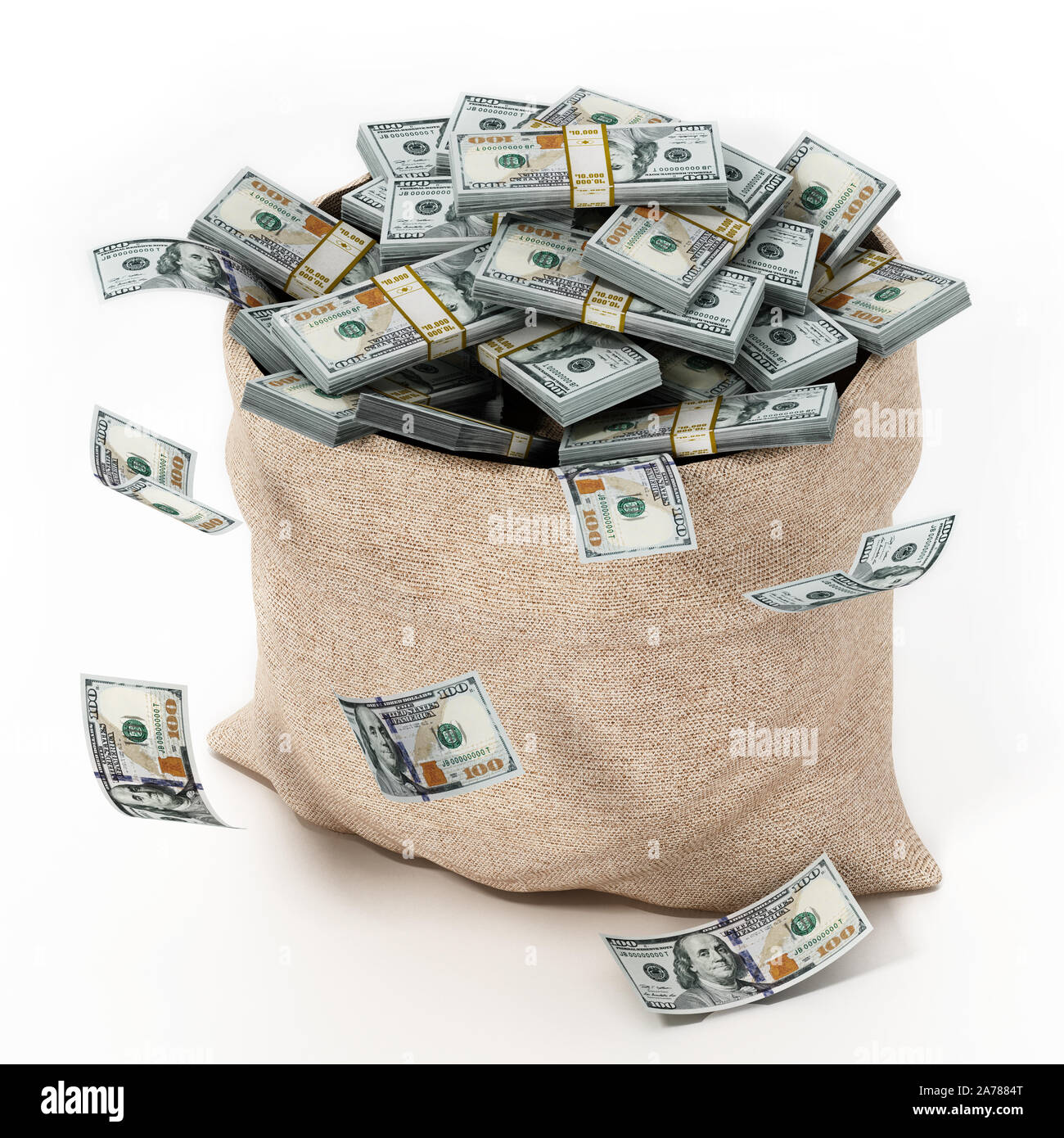 Sack voller Geld auf weißem Hintergrund. 3D-Darstellung. Stockfoto