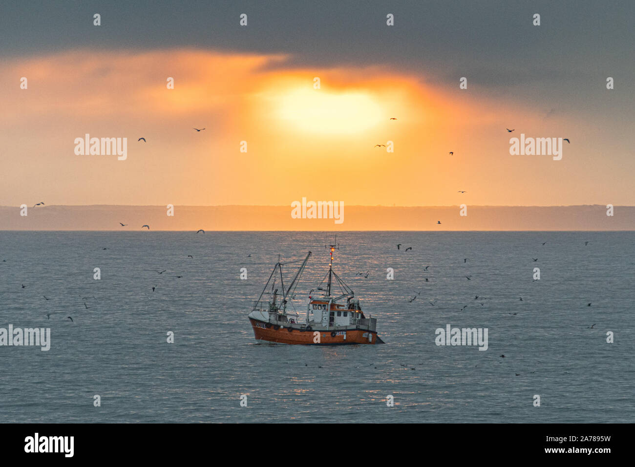 Newlyn, Cornwall, UK. 31. Oktober 2019. UK Wetter. Fischtrawler von Newlyn schließen sich an diesem Morgen Ufer bei Sonnenaufgang. Der Wind hat nachgelassen, und für die Zeit des Jahres, es mild bei rund 13 Grad C. Credit Simon Maycock/Alamy Live News, war. Stockfoto