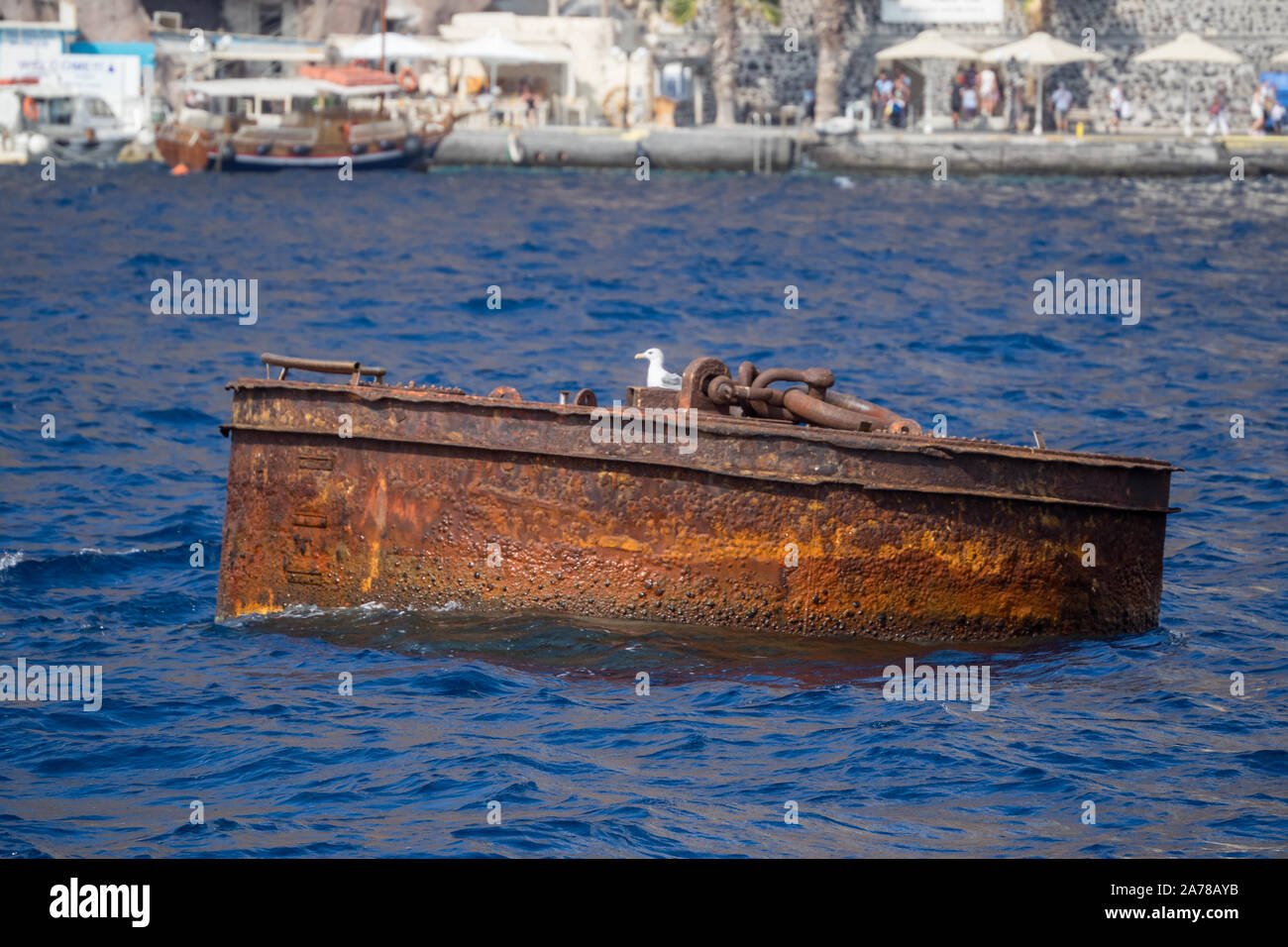 Ein Profil Seitenansicht einer Möwe auf rostigen Stahl Mooring in ruhigen Meer Wasser Stockfoto