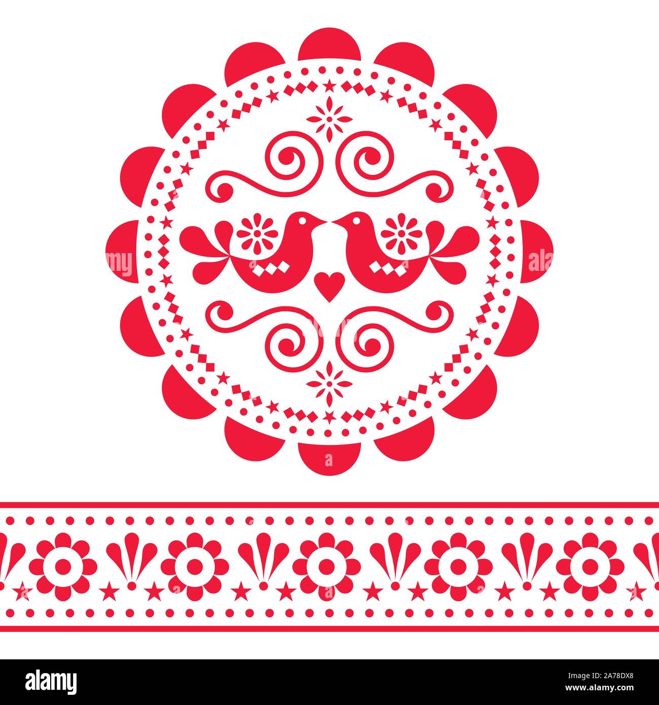 Scandinavian folk vektor design pattern - runde und nahtloses Design, cute floralen Ornament mit Vögeln in rot auf weißem Hintergrund Stock Vektor
