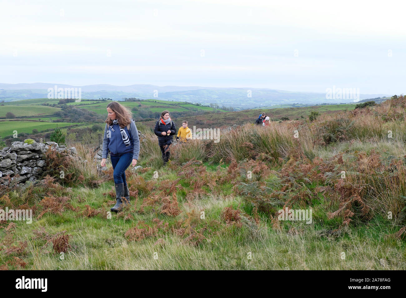 Familie Frauen und Kinder Wandern in der Natur in den Zeugnisferien Pause im Herbst in Carmarthenshire Wales UK KATHY DEWITT Stockfoto