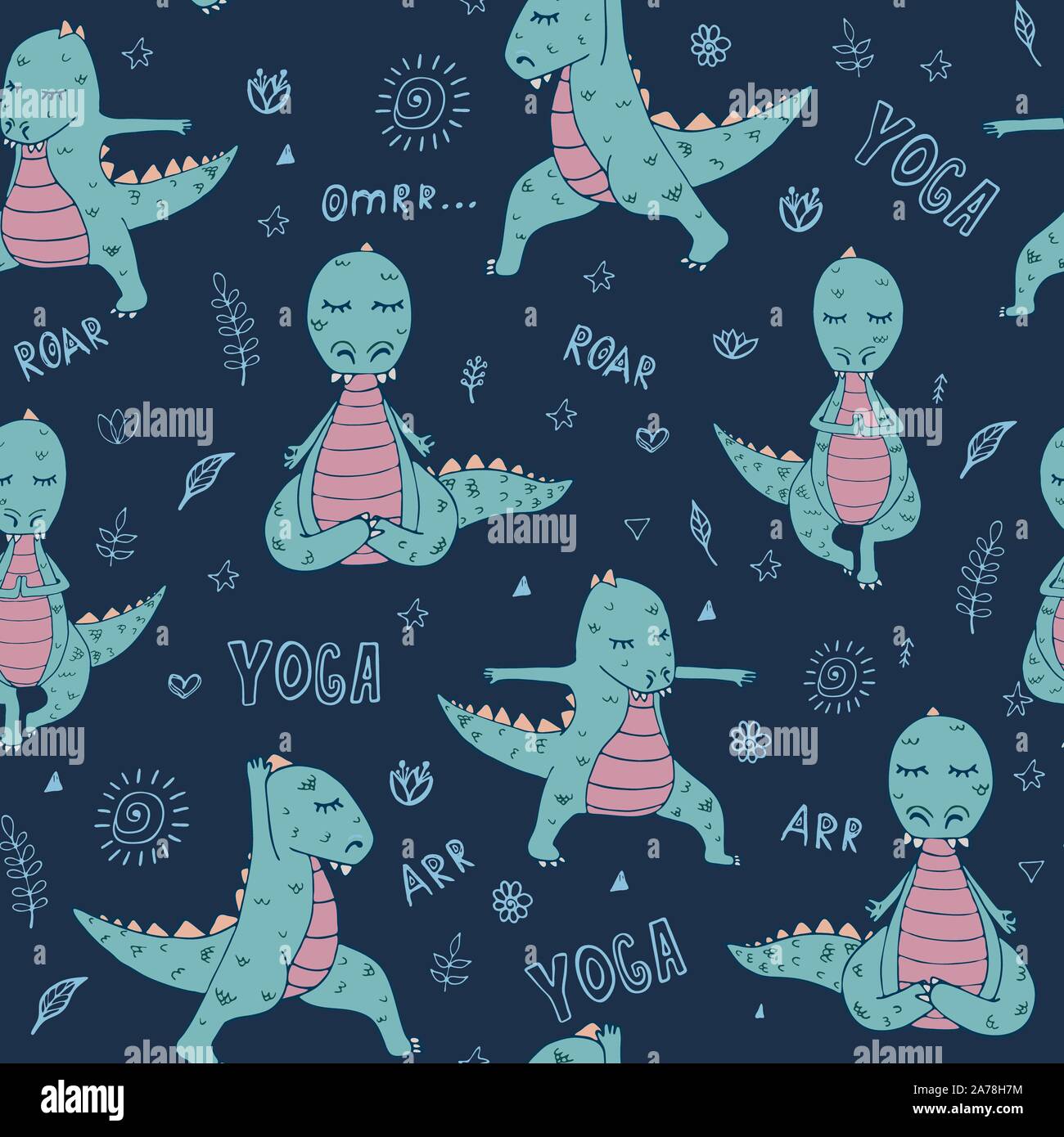 Dinosaurier in Yoga Asanas, Hand gezeichnet Vektor nahtlose Muster Stock Vektor