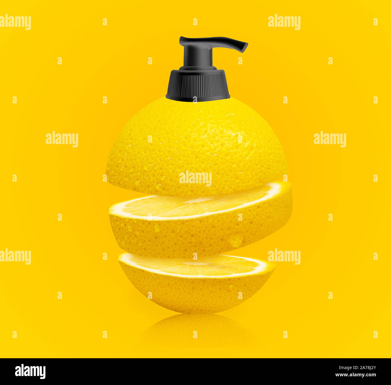 Mit orangengeschmack Gesicht waschen/orange aromatisiert Hand hash-Concept Art - orange Scheiben - Händedesinfektionsmittel - Shampoo Stockfoto