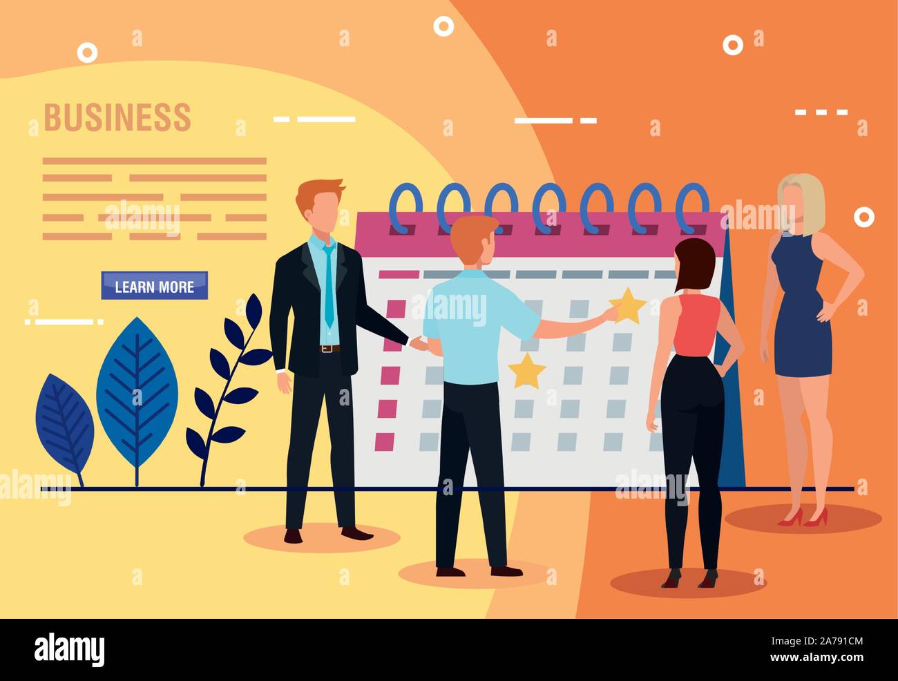 Geschäftsleute mit Kalender und Blätter Stock Vektor