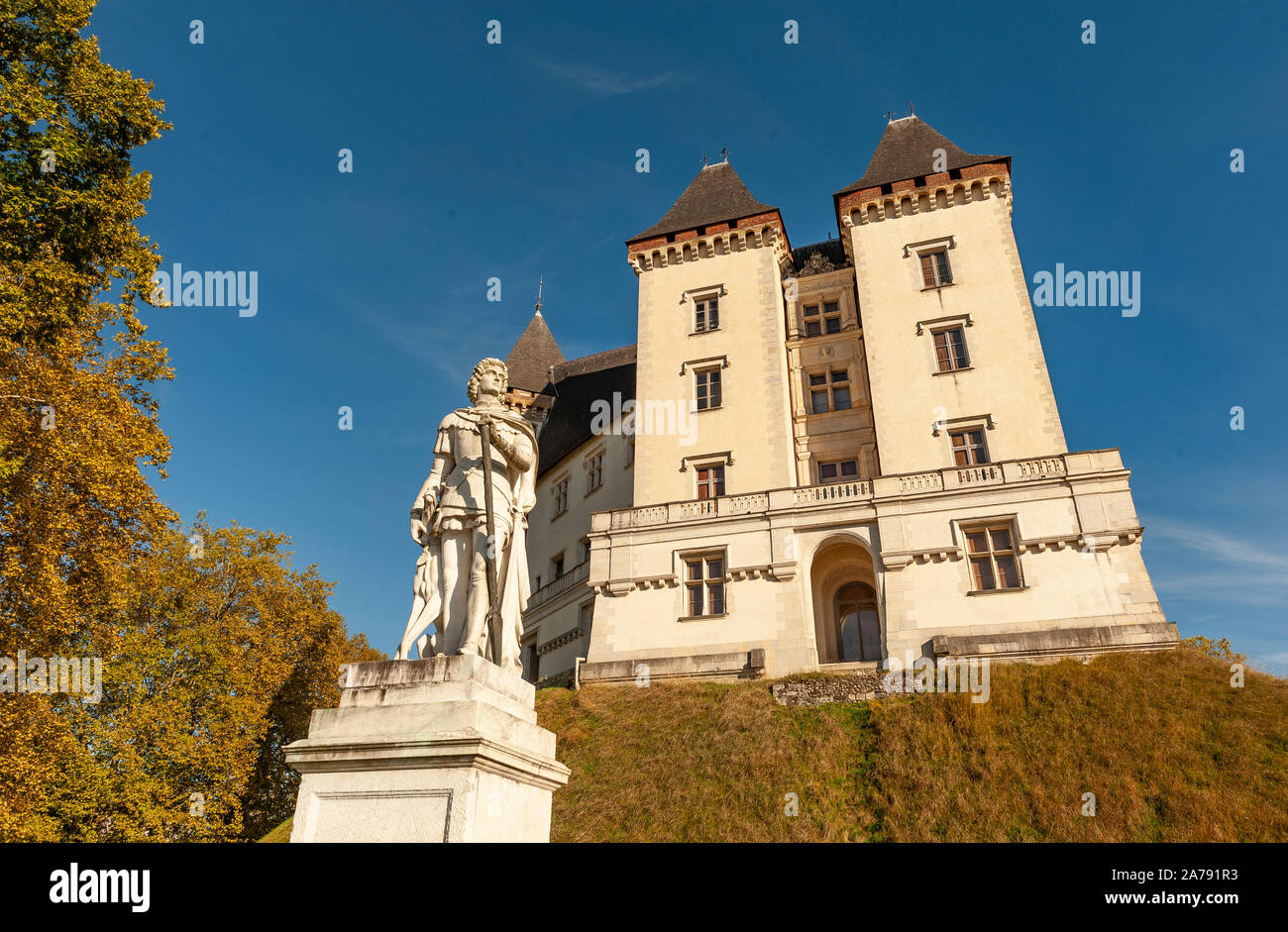 Das Schloss von Pau mit der Statue von Gaston Fébus, Frankreich Stockfoto