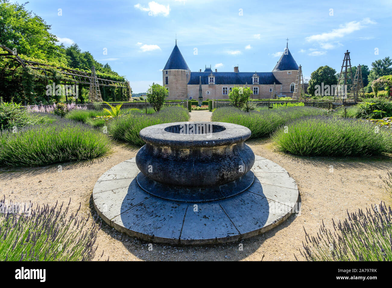Frankreich, Loiret, Chilleurs Aux Bois, Chateau de Chamerolles Park und Gärten, die Jardin Renaissance, Quadrat mit Lavendel (Lavandula) und gut//Fra Stockfoto