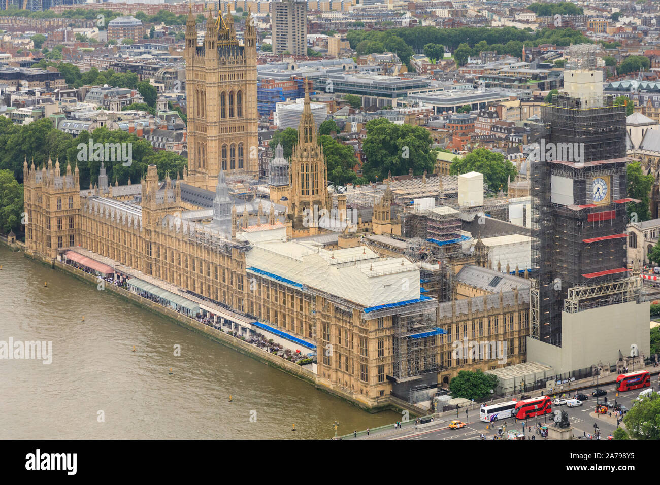 Luftbild, das Parlament, das Elizabeth Tower, bekannt als Big Ben und die Themse, Westminster, London, UK Stockfoto