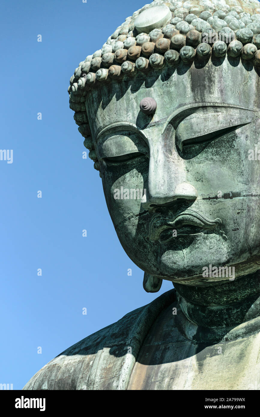 Der große Buddha von Kamakura, Leiter close-up Stockfoto
