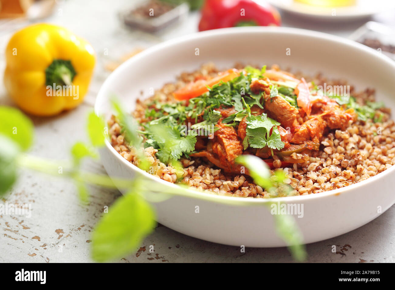 Eintopf mit Paprika, Zwiebeln, Austernpilze, Gurken und Soja Schnitzel, serviert mit Buchweizen Stockfoto