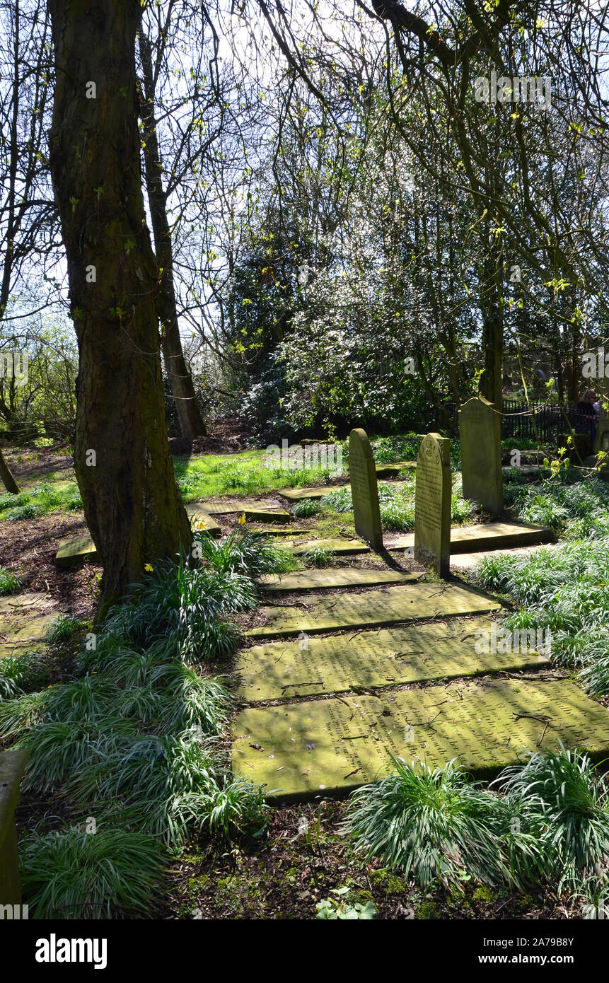 Haworth Parsonage Friedhof im Frühjahr, Yorkshire Stockfoto