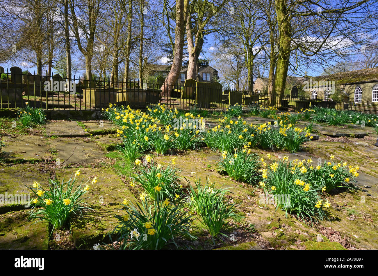 Haworth Parsonage Museum und Friedhof im Frühjahr, Yorkshire Stockfoto