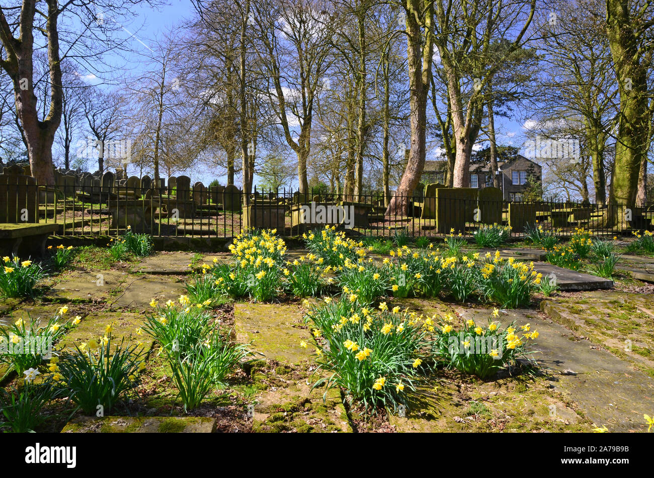 Haworth Parsonage Museum und Friedhof im Frühjahr, Yorkshire Stockfoto