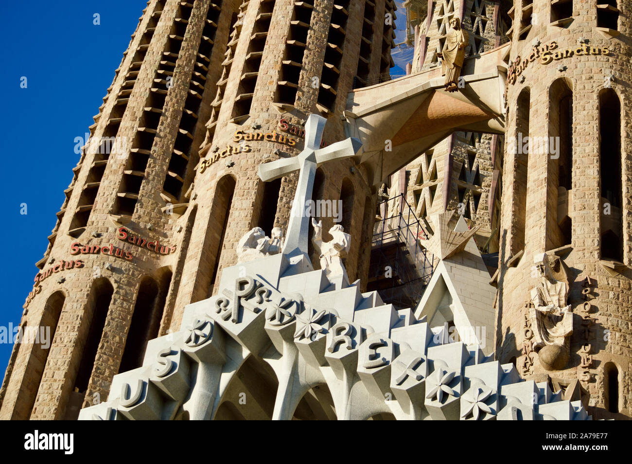 Die Leidenschaft Fassade von La Sagrada Familia in Barcelona, Spanien Stockfoto