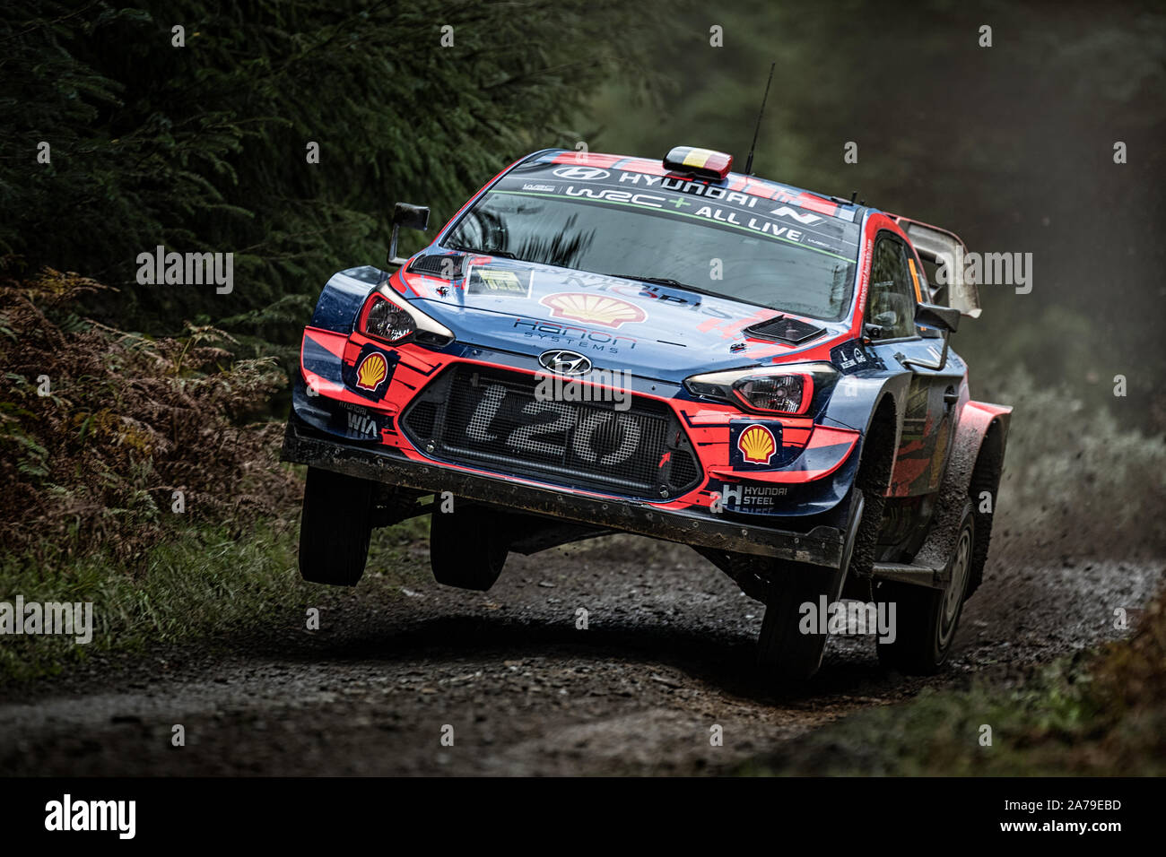 Thierry Neuville fährt sein Hyundai i20 für die Shell Hyundai Mobis World Rally Team am 2019 WRC Wales Rally GB in Wales, Großbritannien Stockfoto