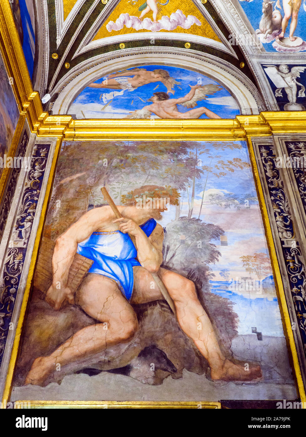 Das Fresko "Polifemo e le Lunette' (Polyphemus und den Stichkappen) von Sebastiano del Piombo in der Loggia von Galatea der Villa Farnesina - Rom, Italien Stockfoto