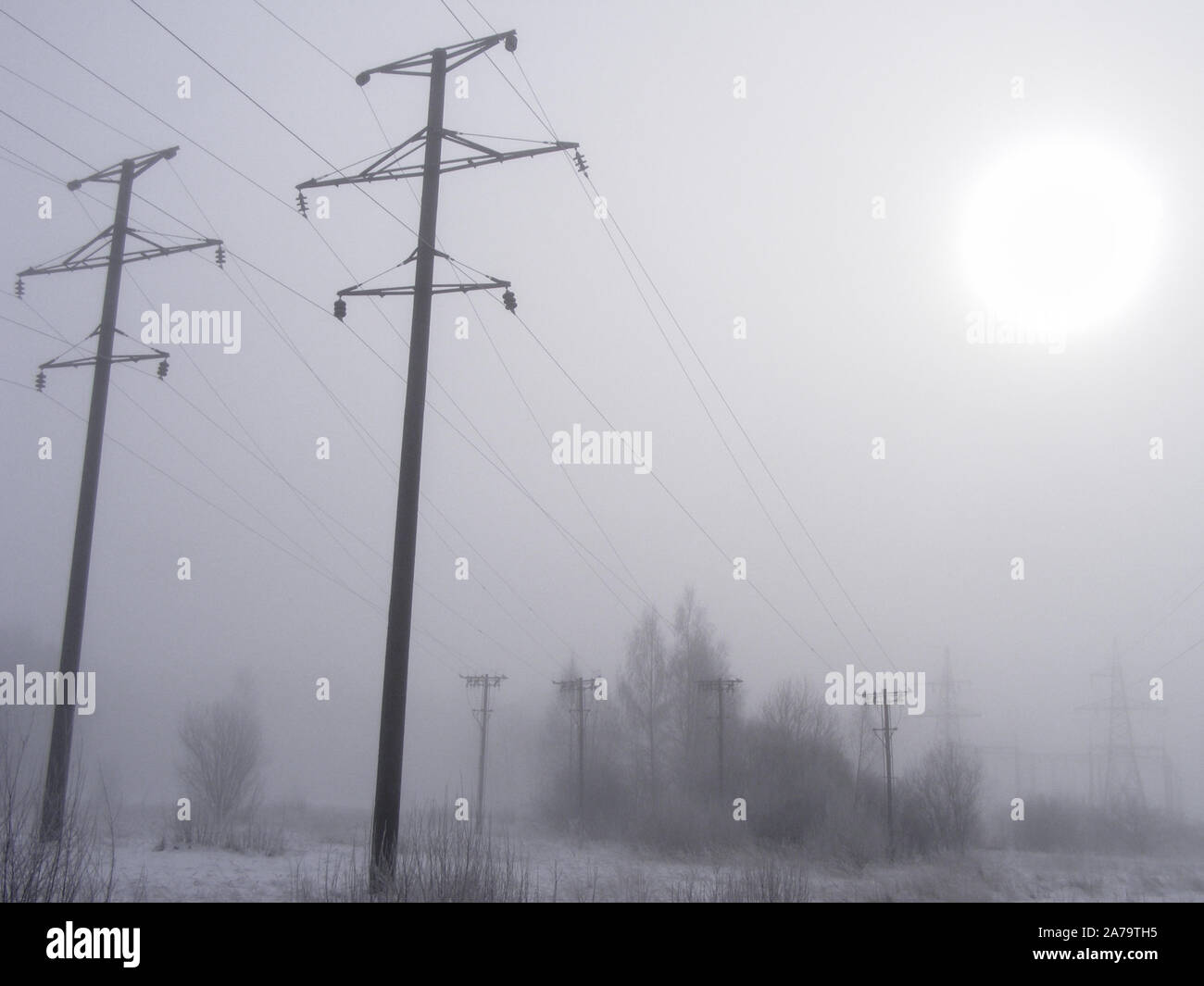 Stromversorgung Infrastruktur im Winter. Die Sonne in den nebligen Bereich mit Polen der Versorgungsspannung. Stockfoto