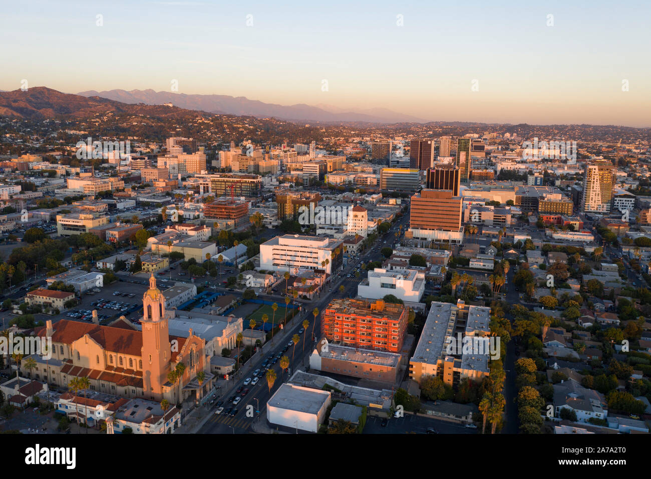 Luftaufnahmen von Hollywood, Kalifornien bei Sonnenuntergang Stockfoto