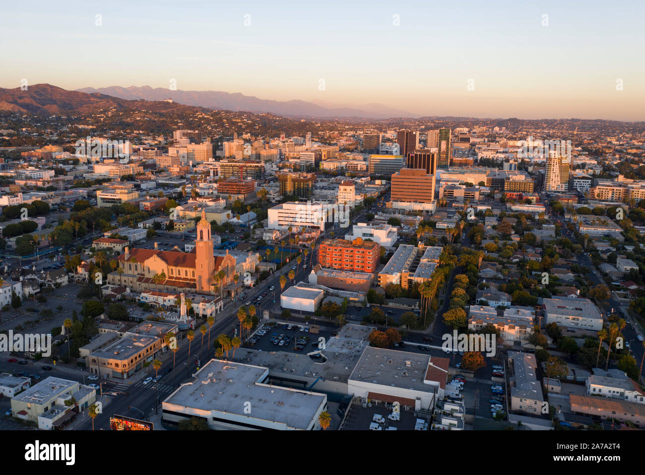 Luftaufnahmen von Hollywood, Kalifornien bei Sonnenuntergang Stockfoto