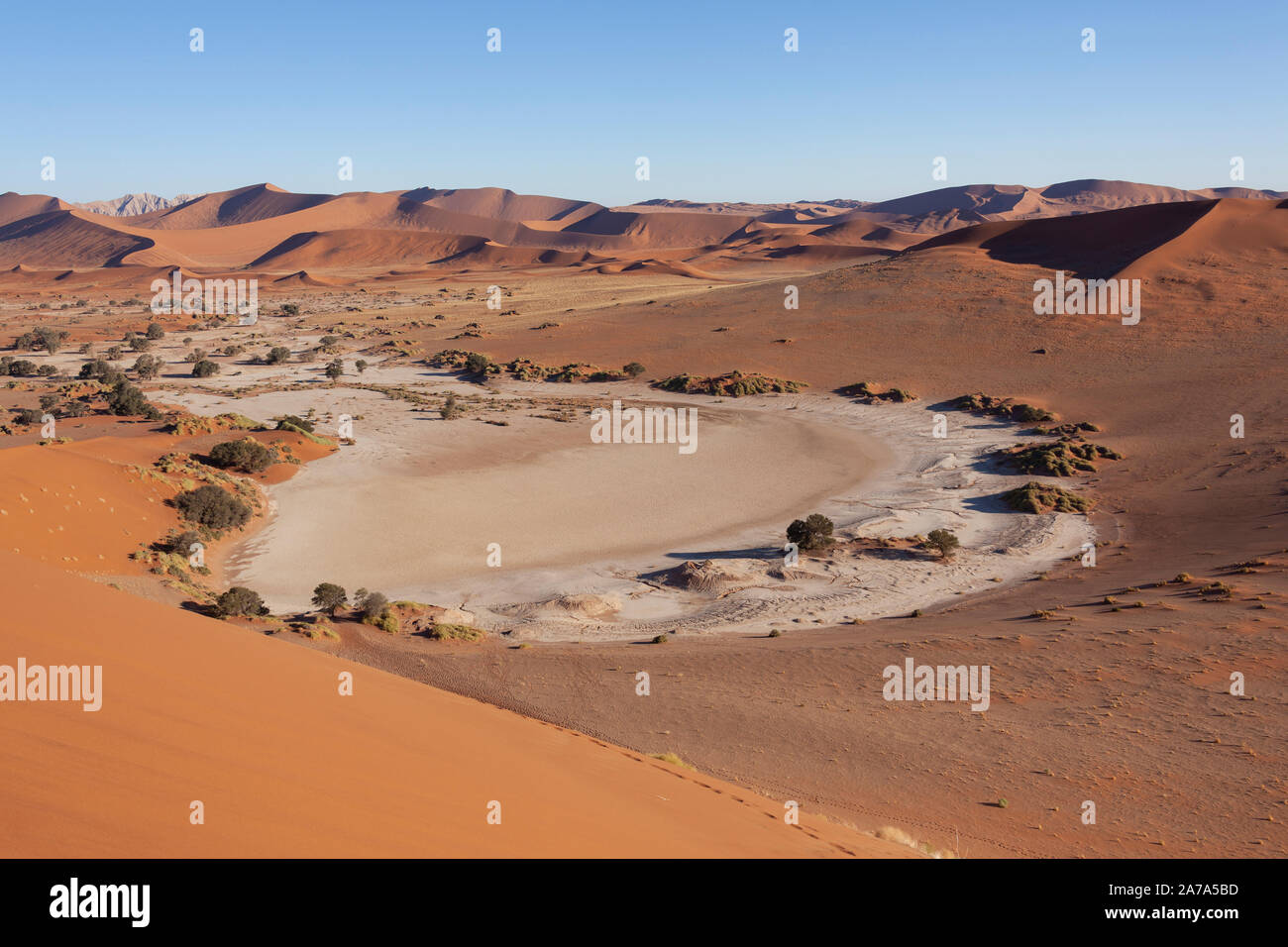Salzsee in der Nähe von Sossusvlei in der Namib Wüste, Namibia, Afrika. Stockfoto