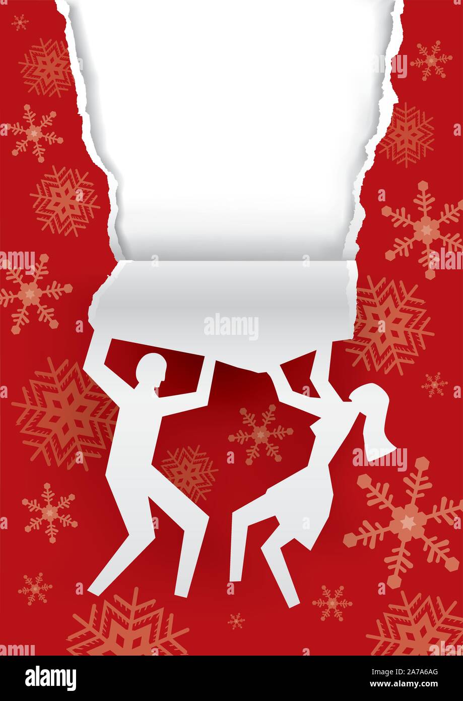 Paar reißen Weihnachten Geschenkpapier, Grußkarten-Hintergrund. Papier paar Silhouette und red christmas zerrissenes Papier. Für ihre Text- oder IMA-Platz Stock Vektor