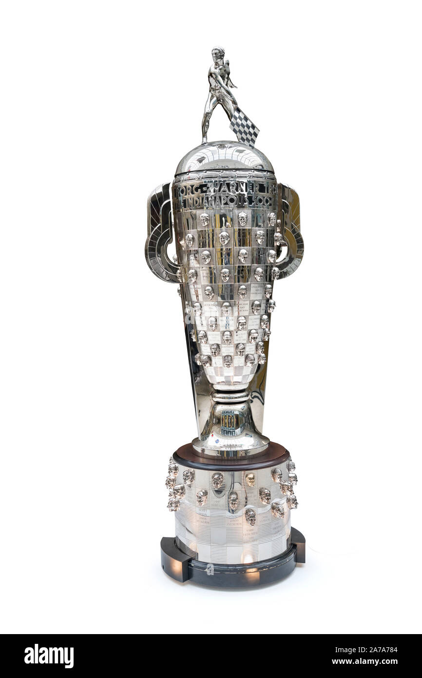 Die Borg Warner Trophäe auf Anzeige in der Indianapolis Motor Speedway Museum, Indianapolis, Indiana, USA. Stockfoto