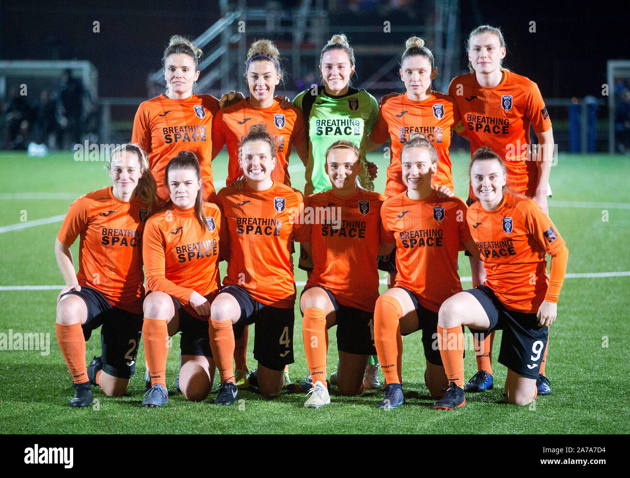 Glasgow City Line up Während der Champions League die Runde des UEFA Frauen von 16 zweites Bein Gleiches an petershill Park, Glasgow. Stockfoto