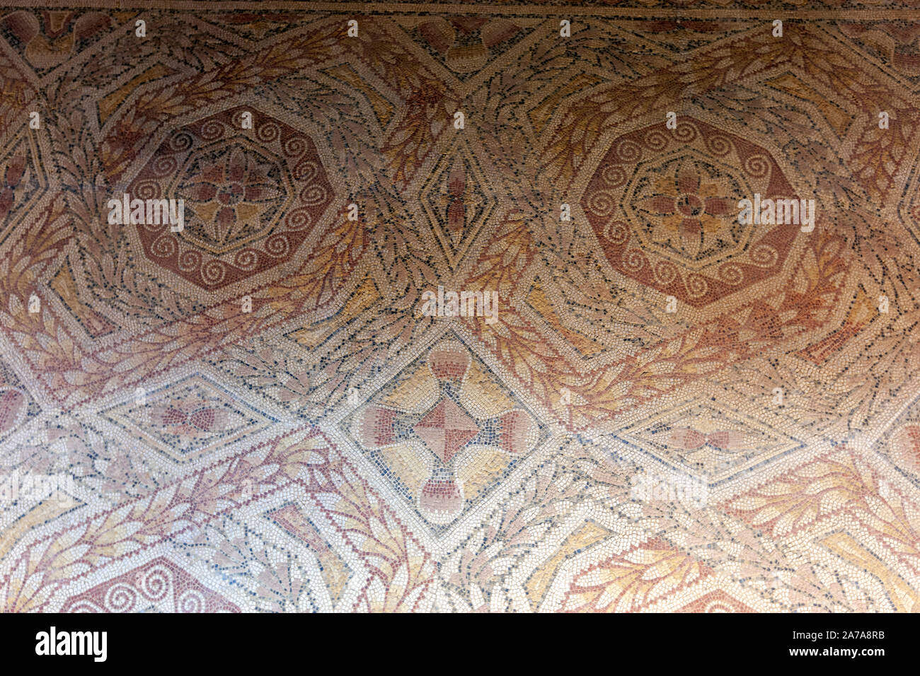 Geometrische Gestaltung Mosaiken in der späten Antike römische Villa in La Olmeda, Pedrosa de la Vega, Provinz von Palencia, Kastilien und León, Spanien Stockfoto