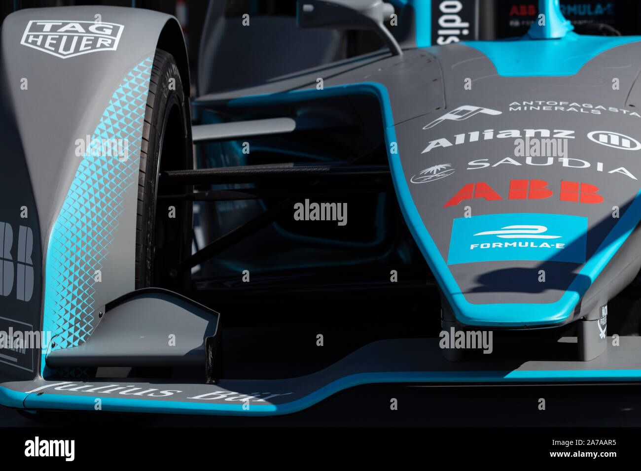 Rom, Italien, 30. März 2019. E-Prix, Formel E. Details hihg elektrische Rennwagen, Carbon und Glasfaser Texturen, Blau Lack. Extreme Sports. Stockfoto