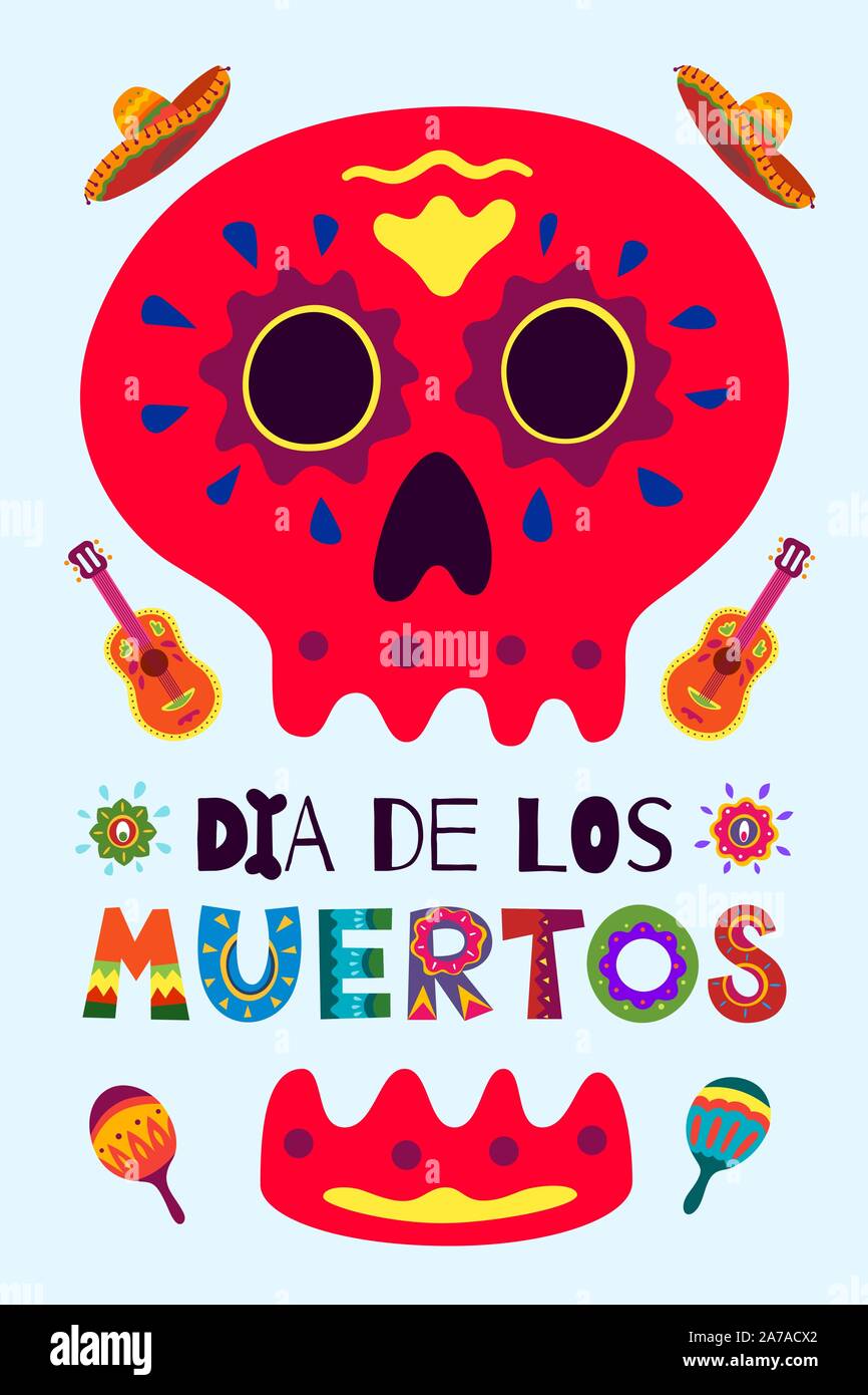 Mexikanischer Tag der Toten Dia de Los Muertos Poster. Nationalfestival Grußkarte mit Skelett handgezeichneten Schriftzug Blumen Totenkopf auf hellem Hintergrund. Mexiko Vektor Illustration Banner Stock Vektor