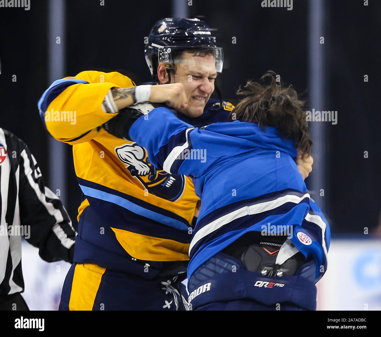 Atlanta Gladiatoren, Anthony Collins (48) und Jacksonville Eisgruben steigt vorwärts Everett Clark (17), rechts, Handel Schläge in der ersten Periode von ein echl Professional Hockey Spiel am Veterans Memorial Arena in Jacksonville, Fla., Mittwoch, Oktober 30, 2019. (Gary Lloyd McCullough/CSM) Stockfoto