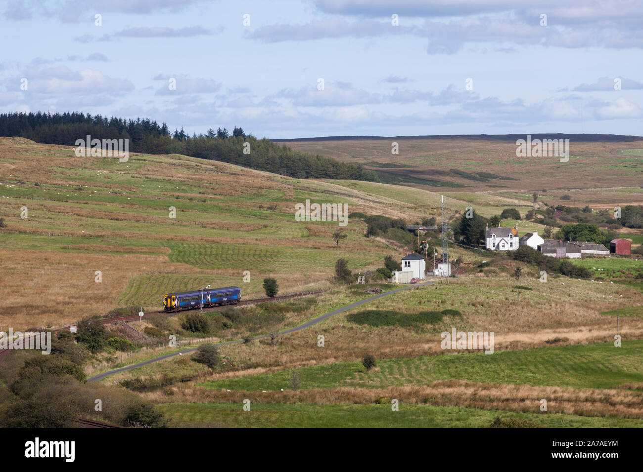 Glenwhilly (südlich von Barrhill, Ayrshire, Schottland - Stranraer Railway Line) Abellio scotrail Klasse 156 Sprinter 156457 Zug Richtung Süden. Stockfoto