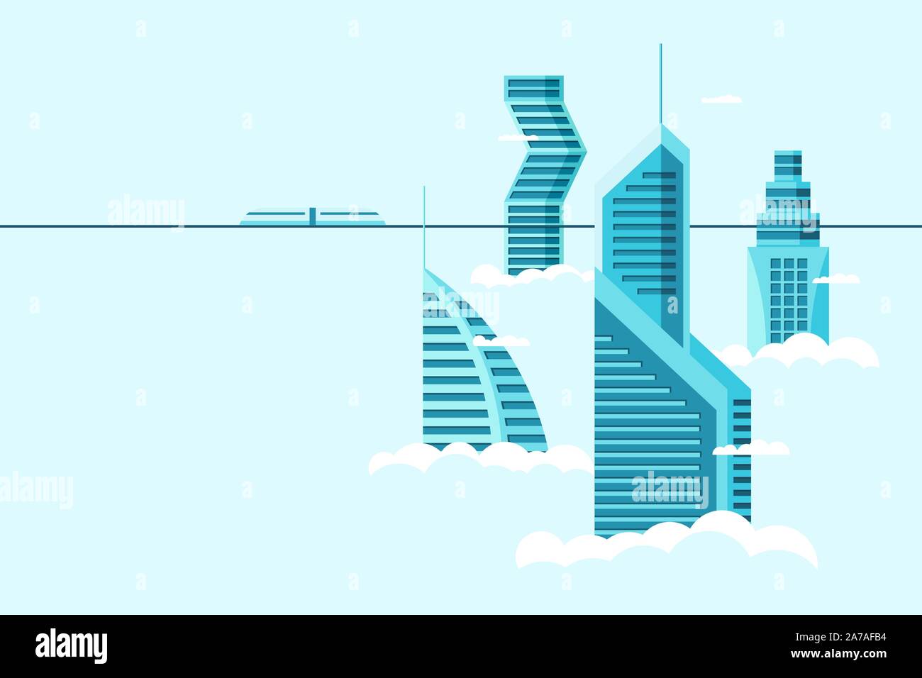 Detaillierte zukünftige Stadt mit unterschiedlicher Architektur hohe Gebäude Wolkenkratzer Wohnungen über Wolken. Futuristische Stadt mit Stadtbild und Einschienenbahn. Vektor-Immobilien-Bau über Himmel Illustration Stock Vektor