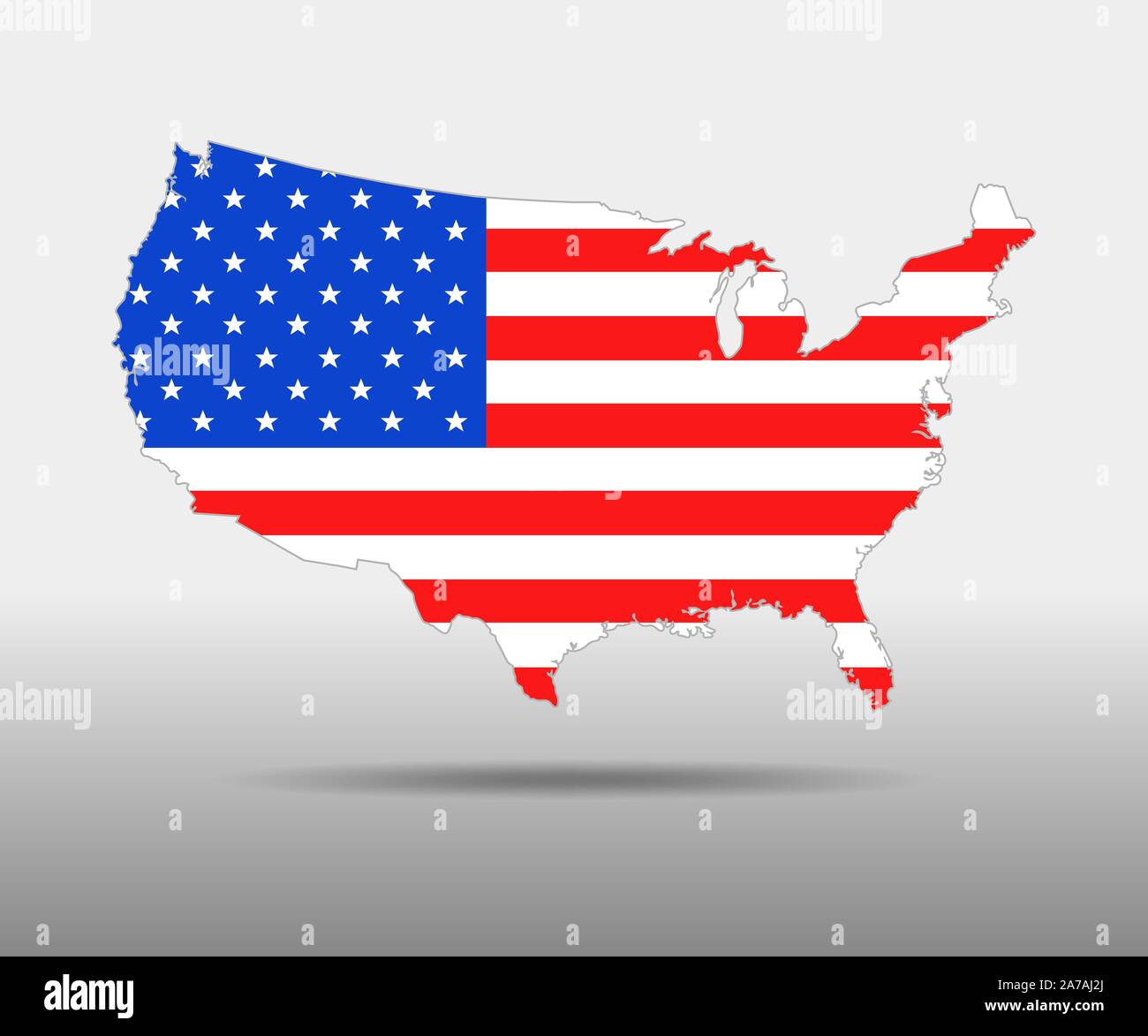 Amerika Flagge Karte - Vector Illustration. USA-Karte mit Kontur und Schatten getrennt. Stock Vektor