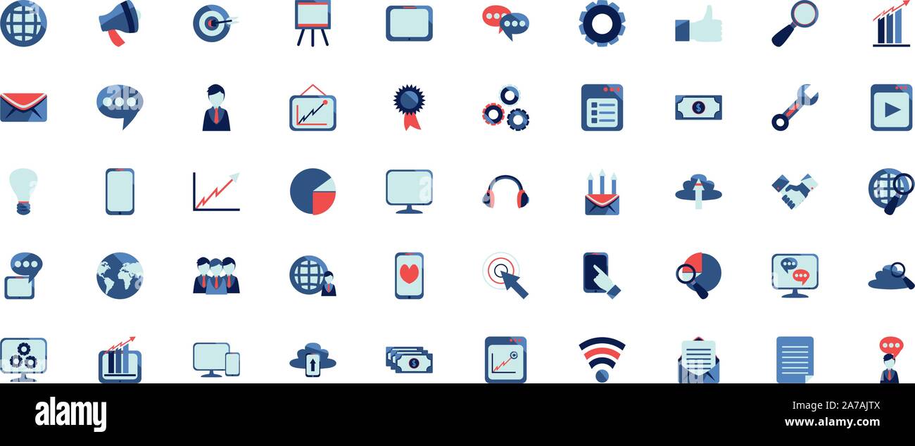Soziale Medien und Technologie icon Pack Set, Hochwertige Sorte Symbole Vector Illustration Stock Vektor