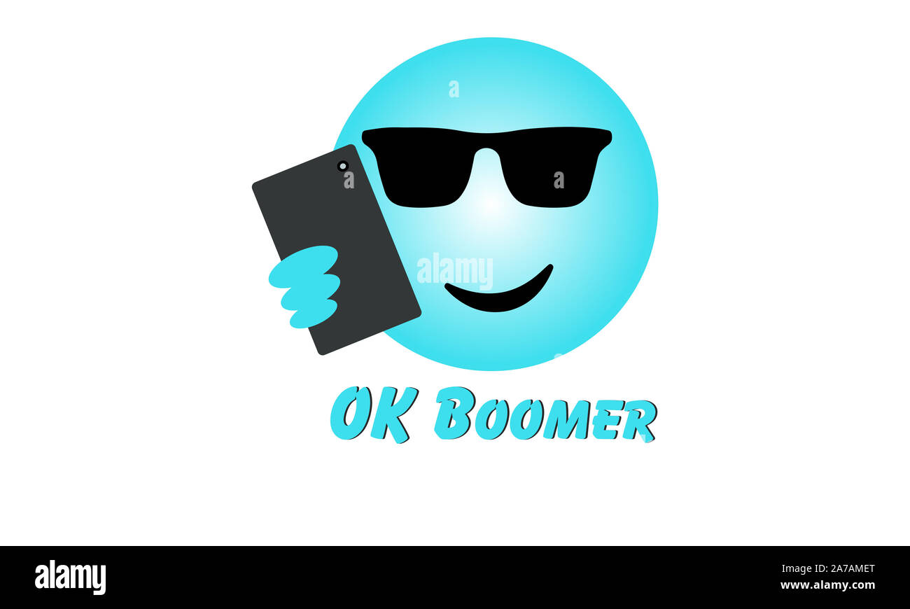 Selfie Gesicht emoji mit OK Boomer Text, Generation z Verse Baby boomer social media Ausdruck und Meme Stockfoto